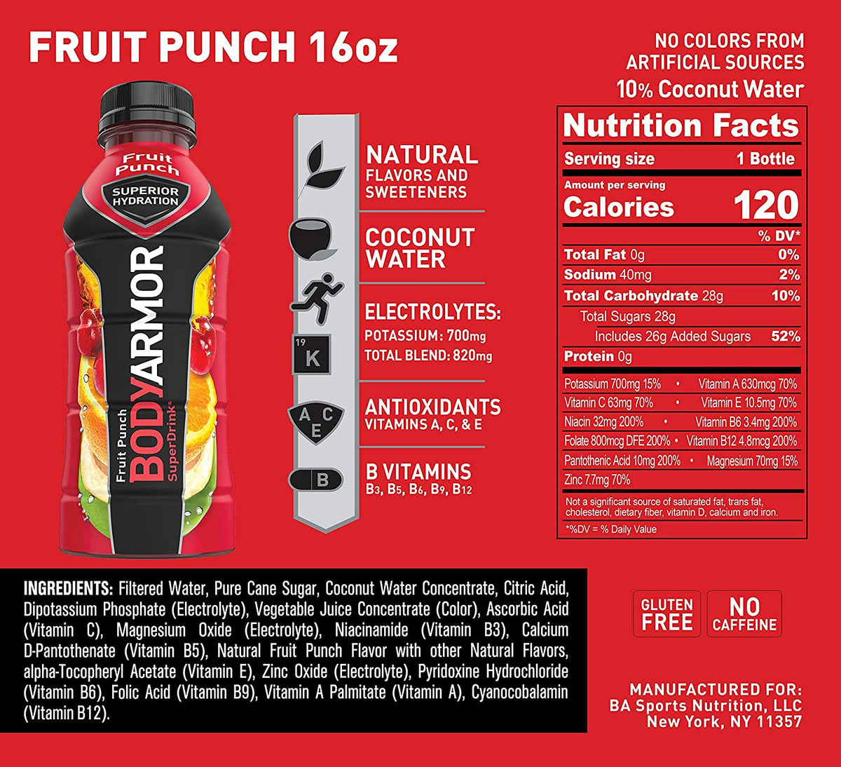BODY ARMOR Sport Drink Fruit Punch, 16 Oz. 12 Pack (1.83 / Bottle)