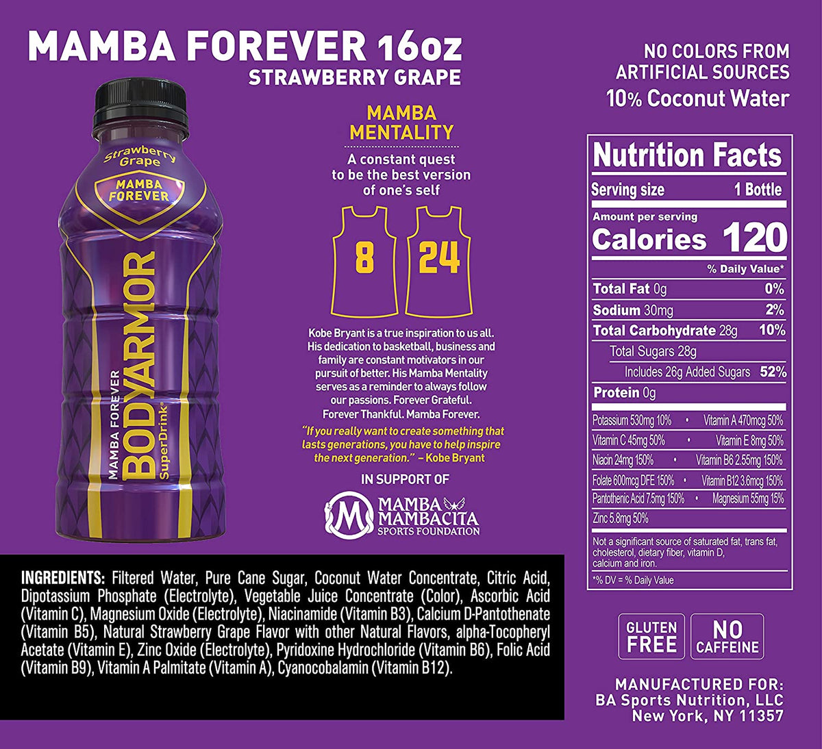 BODY ARMOR Sport Drink Mamba Forever, 16 Oz. 12 Pack (1.83 / Bottle)